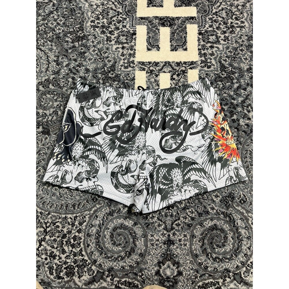 Ed Hardy Gray Skull Panther Shorts Men XXL Spell Out Graffiti Y2K Mesh NEW